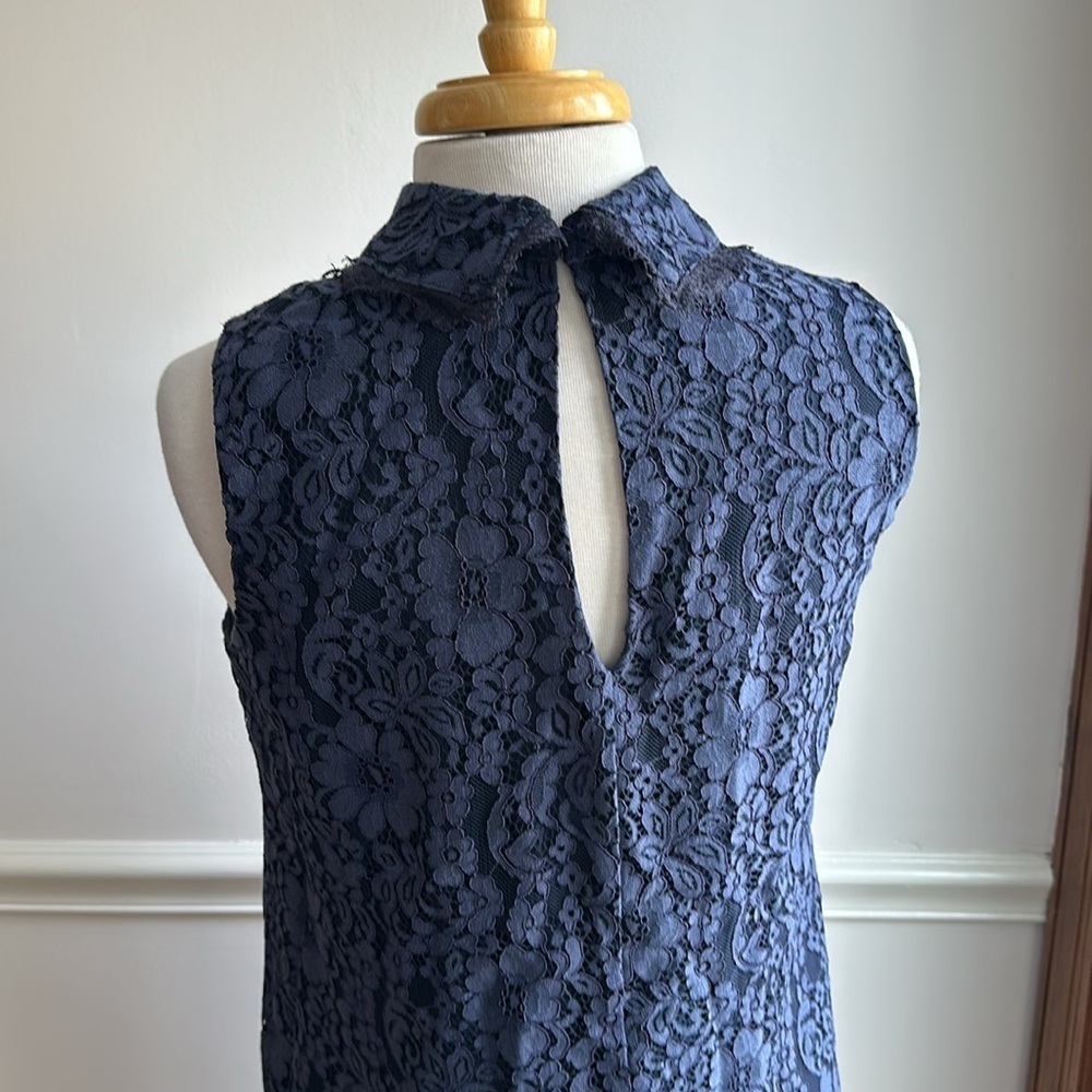 Nanette Lepore Navy Blue Lace Collared Pleated Flounce Hem Shift Dress 6 EUC - Picture 6 of 8